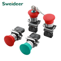 22mm Mushroom Emergency Stop Button Switch 10A XB4 Key Emergency Stop Power Push Button Switch 1NC 1NO Start Switch Red Green