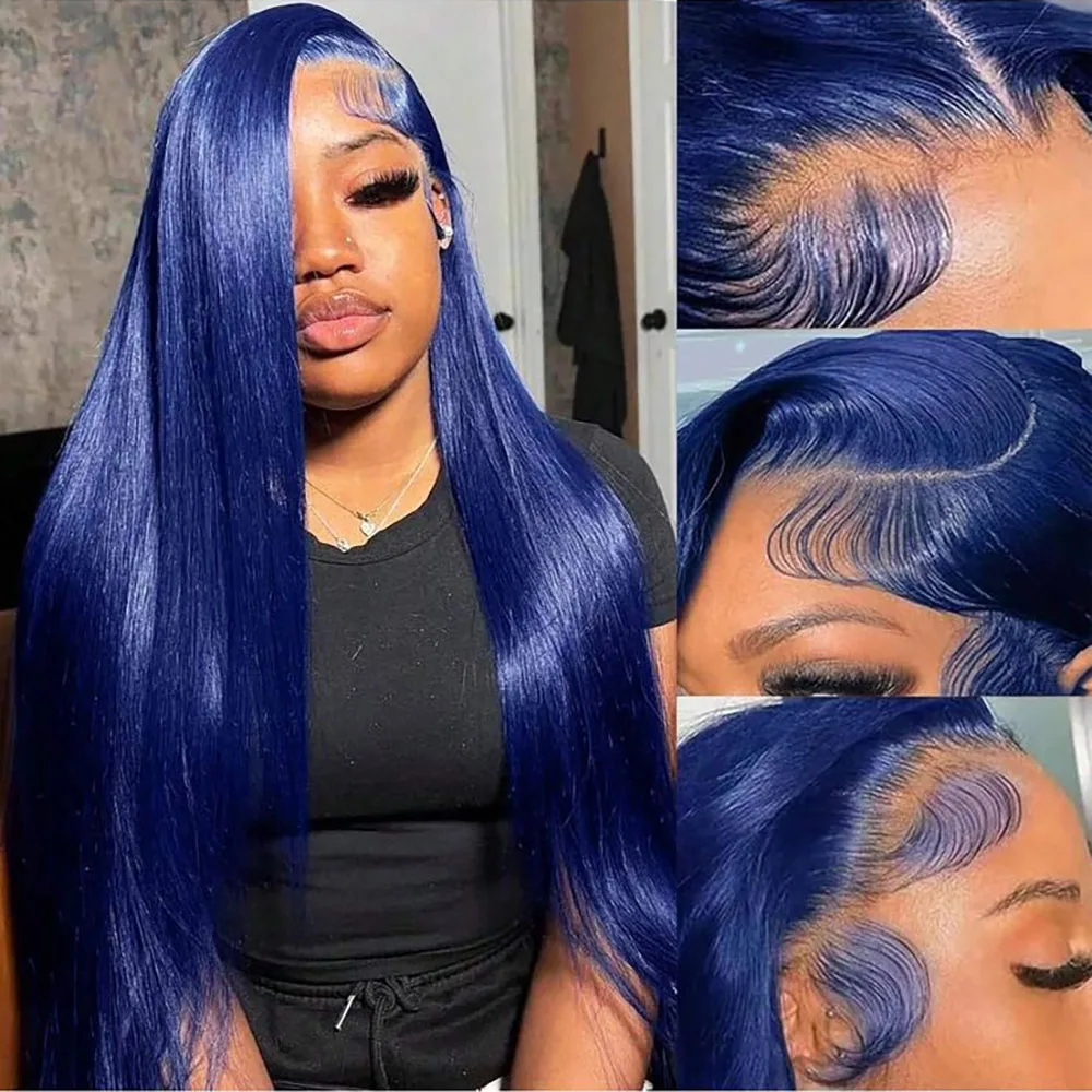 

Синий парик из прямых волос, 100% бразильский парик из натуральных волос 13x4 HD, прозрачный кружевной фронтальный парик, предварительно выщипанный, плотность 180 для женщин