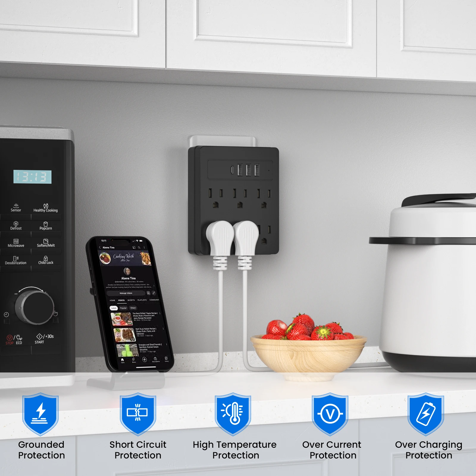 6 AC Power Strip, 3 USB Ports, 1 USB-C Fast Charging Port. The Power Strip Surge Protector Provides Overload Protection for Home - view 3
