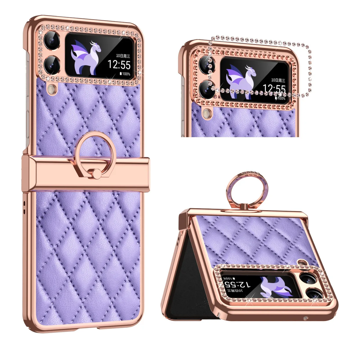 

Ring Diamond Case for Samsung Galaxy Z Flip 4 3 5G Buckle Link Fashion Luxury Leather Cover Anti-knock Cases for Flip3 Flip4