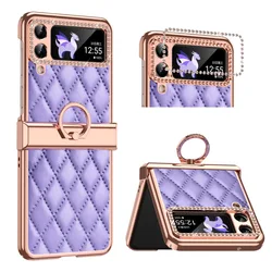 Ring Diamond Case for Samsung Galaxy Z Flip 6 5 4 3 5G Buckle Link Fashion Luxury Leather Cover Anti-knock Cases for Flip3 Flip4