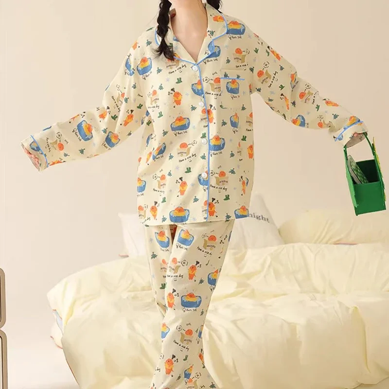 Korean Cute Cartoon Kawaii Print Ins Sweet Women Pajamas Autumn/Winter Milk Silk Lazy Lounges 2024 New Long Sleeve+pant Home Set