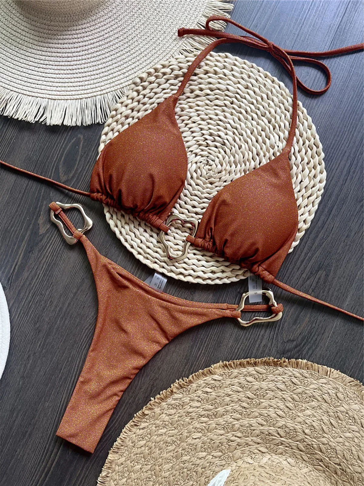 Anello in metallo lucido Halter Mini Perizoma Bikini Donna Costumi da bagno Costume da bagno femminile Bikini a due pezzi Costume da bagno bagnante Swim K6438