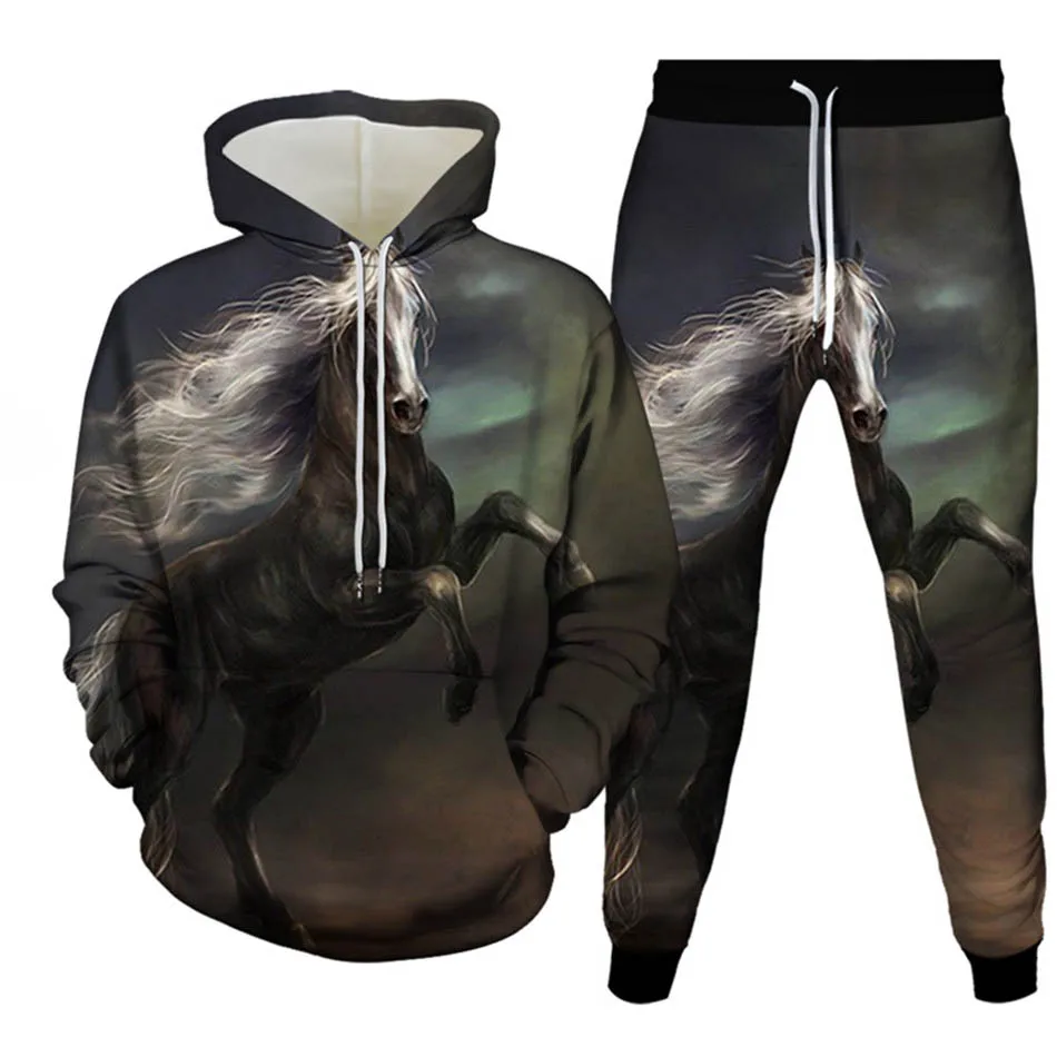 Autunno Animale Cavallo 3D Stampato Felpa con cappuccio Vestito da uomo Felpe Pantaloni sportivi Moda casual Due pezzi Tuta Set Abbigliamento uomo