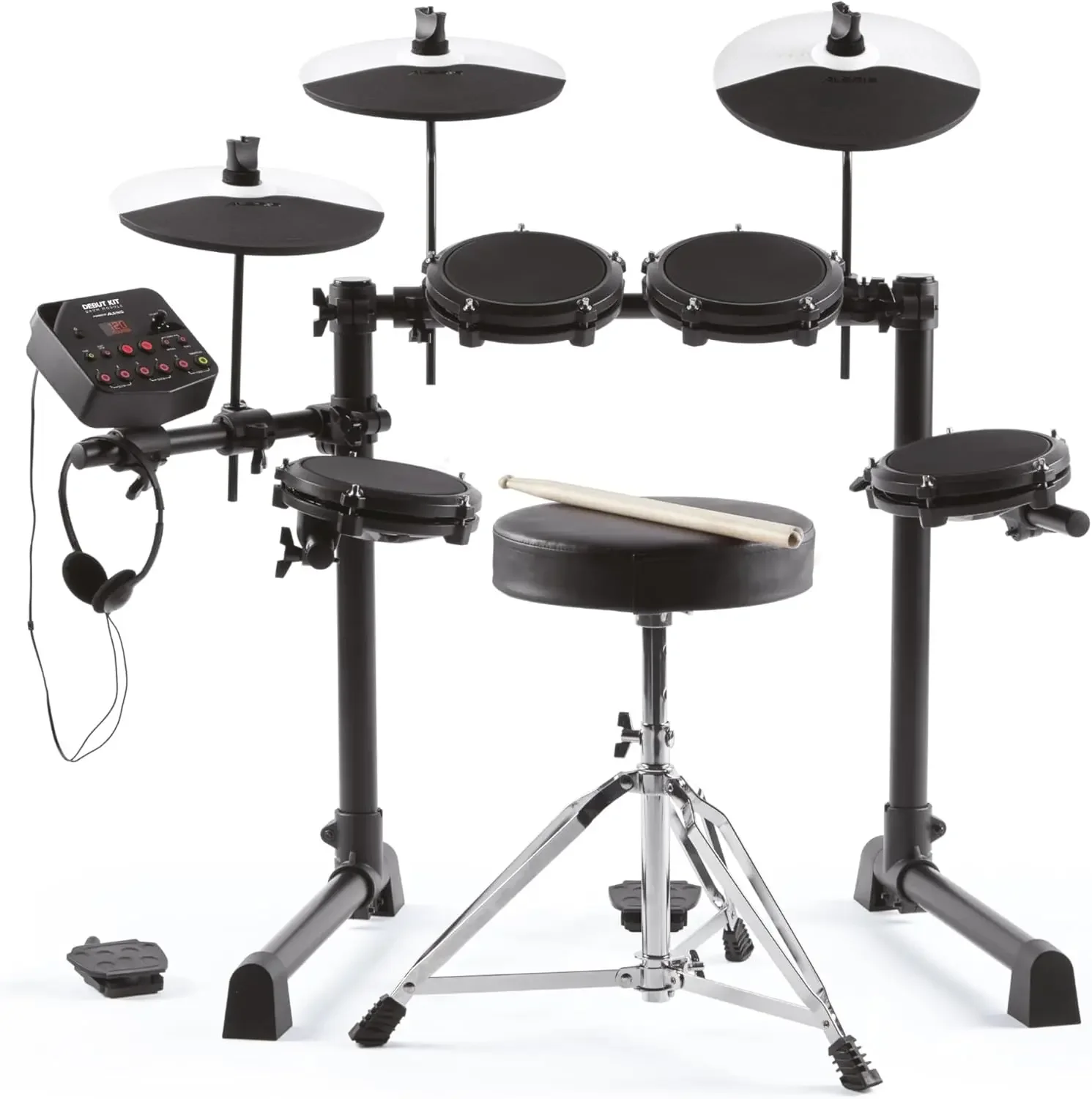 Drums Debut Kit – Kids  Set With 4 Quiet Mesh Electric  Pads, 120 Sounds,  Stool,  Sticks, Headphones