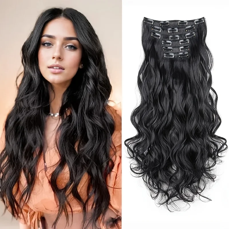 Synthetic Clip In Hair Extension 20 Inch Long Wavy Full Head Set 6Pcs Invisible Seamless BB Clips for Women