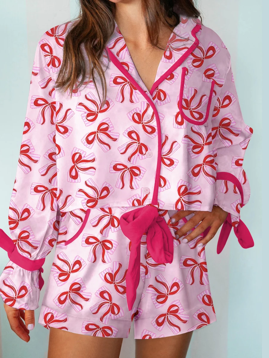 Women Fashion Valentine's Day Pajama Sets Satin Bow Print Tie-up Flare Long Sleeve Button Shirts Pants Loungewear Nightwear