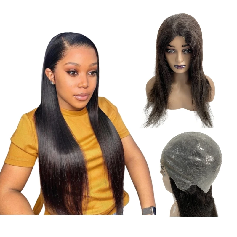 Peluca de cabello humano virgen brasileño para mujer negra, pelo sedoso, liso, Color Natural, piel fina, 130% de densidad