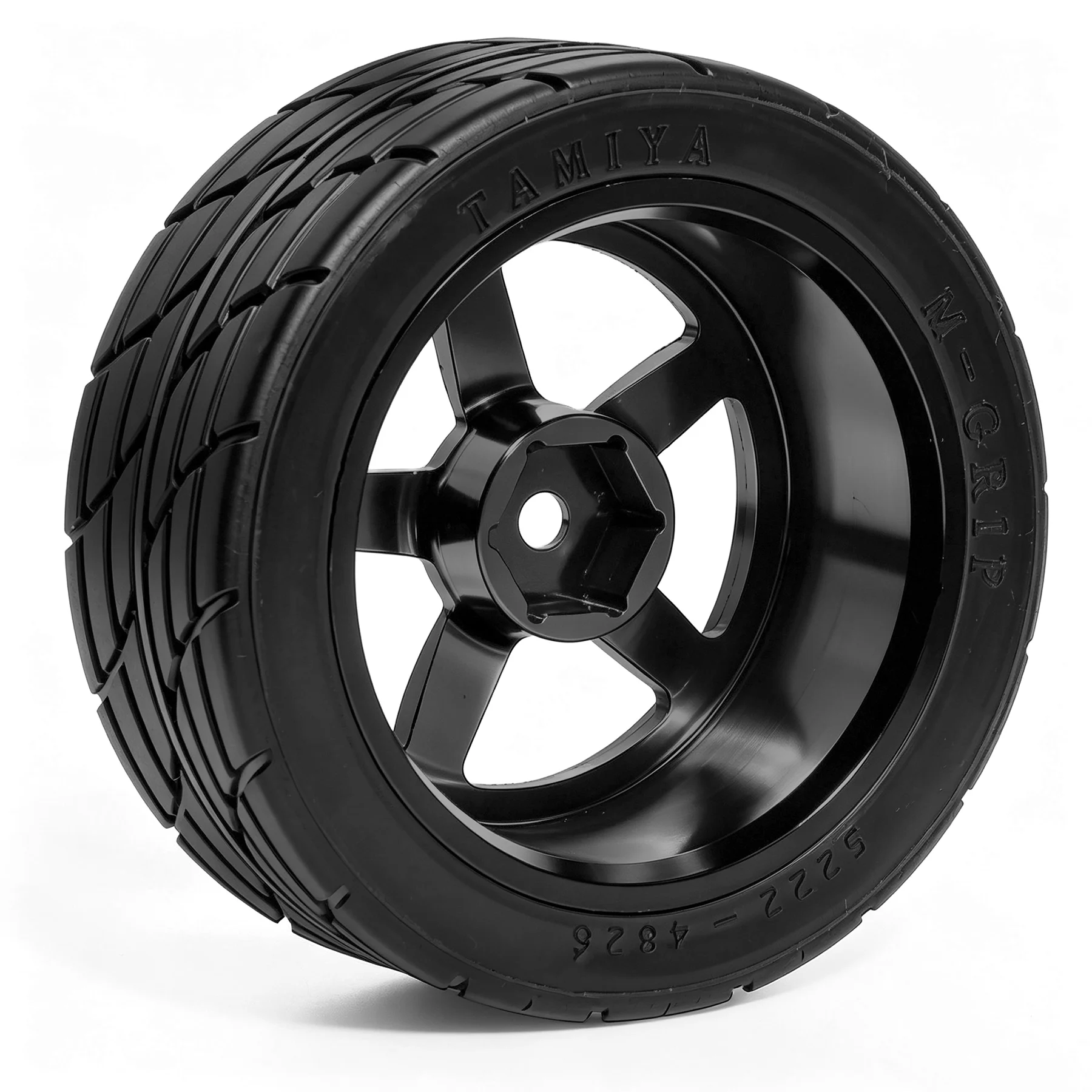 4Pcs 1:10 RC On-Road Wheels 5-Spoke Alloy Rims | Black square pattern rubber tyres. For 1:10 RC on-road racing