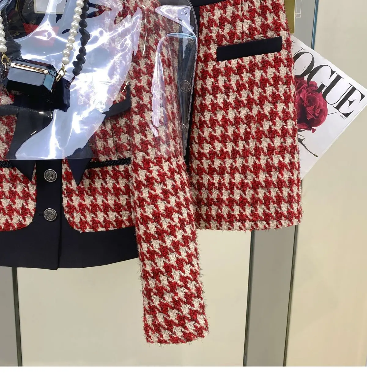 Terno de Natal elegante para mulheres, jaqueta, casaco, top, mini saia, roupa combinando, inverno, houndstooth, vermelho, vestuário de trabalho, roupas