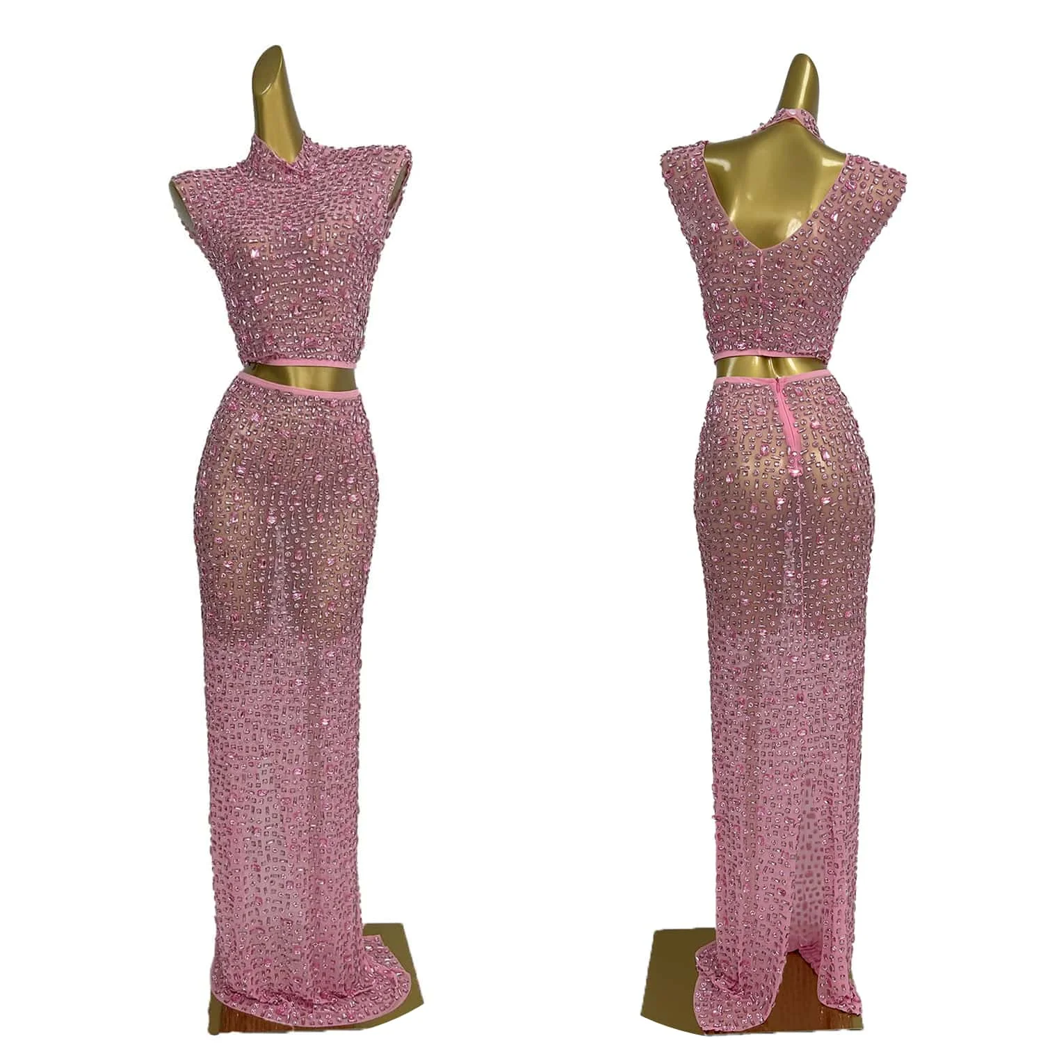 Pink Rhinestone 2-Piece Set Dress Women Evening Party Birthday Prom Sexy Fashion Short Outfit Singer Dance Stage Wear Gesebei