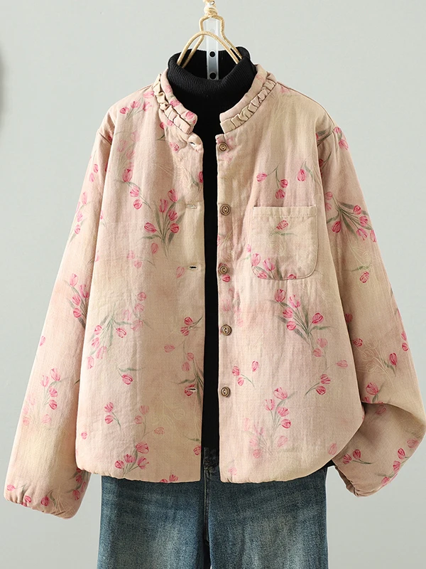 

Faionable Large Size Cotton Jaet with Print And Button Loose Fit Winter Warm Outerwear Versatile Retro Sle Women's Coat