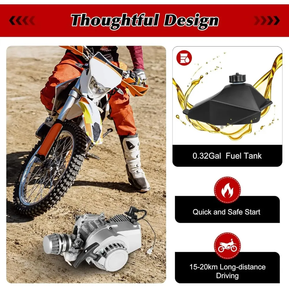 49cc Off-Road Motorcycle Engine, 2-Stroke Motor Kit with Gas Tank, Lightweight Aluminum, Efficient Cooling System, Low Fuel Consumption, Ideal for Dirt Bikes and ATVs
