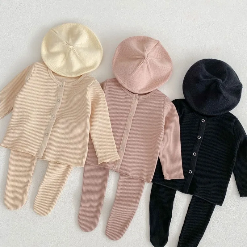 2024 Spring Baby Girls 2PCS Clothes Set Long Sleeve Ribbed Cardigan Coat Solid Cotton Soft Pantyhose Suit Infant Girls Outfits