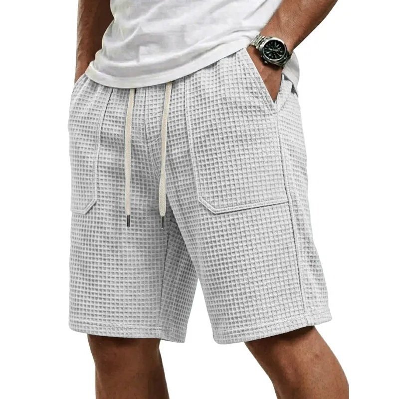 Men Waffle Knit Drawstring Elastic Waist Casual Shorts Loose Pocket Five Inch Beach Pants S 4XL
