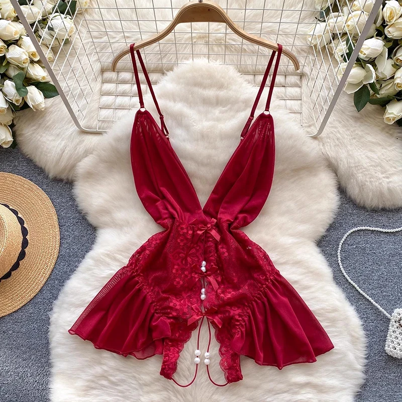 Women Beaded Lace Strappy Rompers Lingerie One Piece Combination Catsuits Elastic Onesie Fashion Erotic Sexy Bodysuits V-Neck