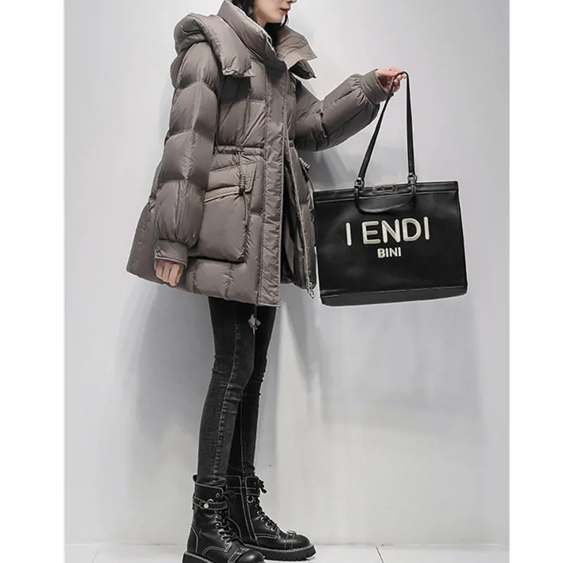 Grey Hooded White duck down Jacket 2025 Winter New Korean version Women's Loose Thicken Down Coat Female Warm Parka Overcoat