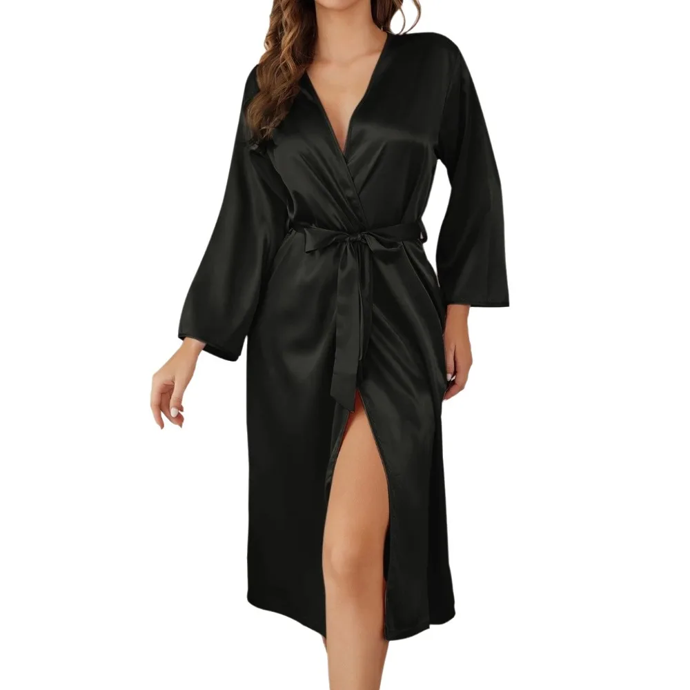 

Luxury V-Neck Design Silk Satin Robe Draping Style Solid Color Nightgown Long Sleeve Comfort Loungewear Women Sleepwear