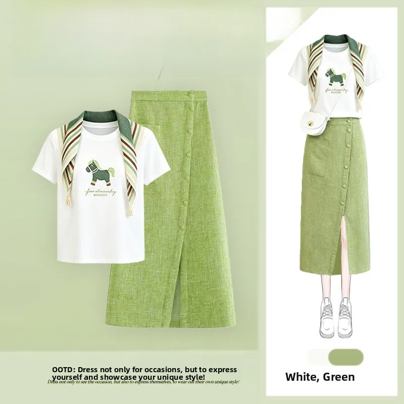 

Summer Design Unique Beautiful Embroidered Short Sleeve T-Shirt Top High Waist Skirt Two Piece Set Anti-Aging