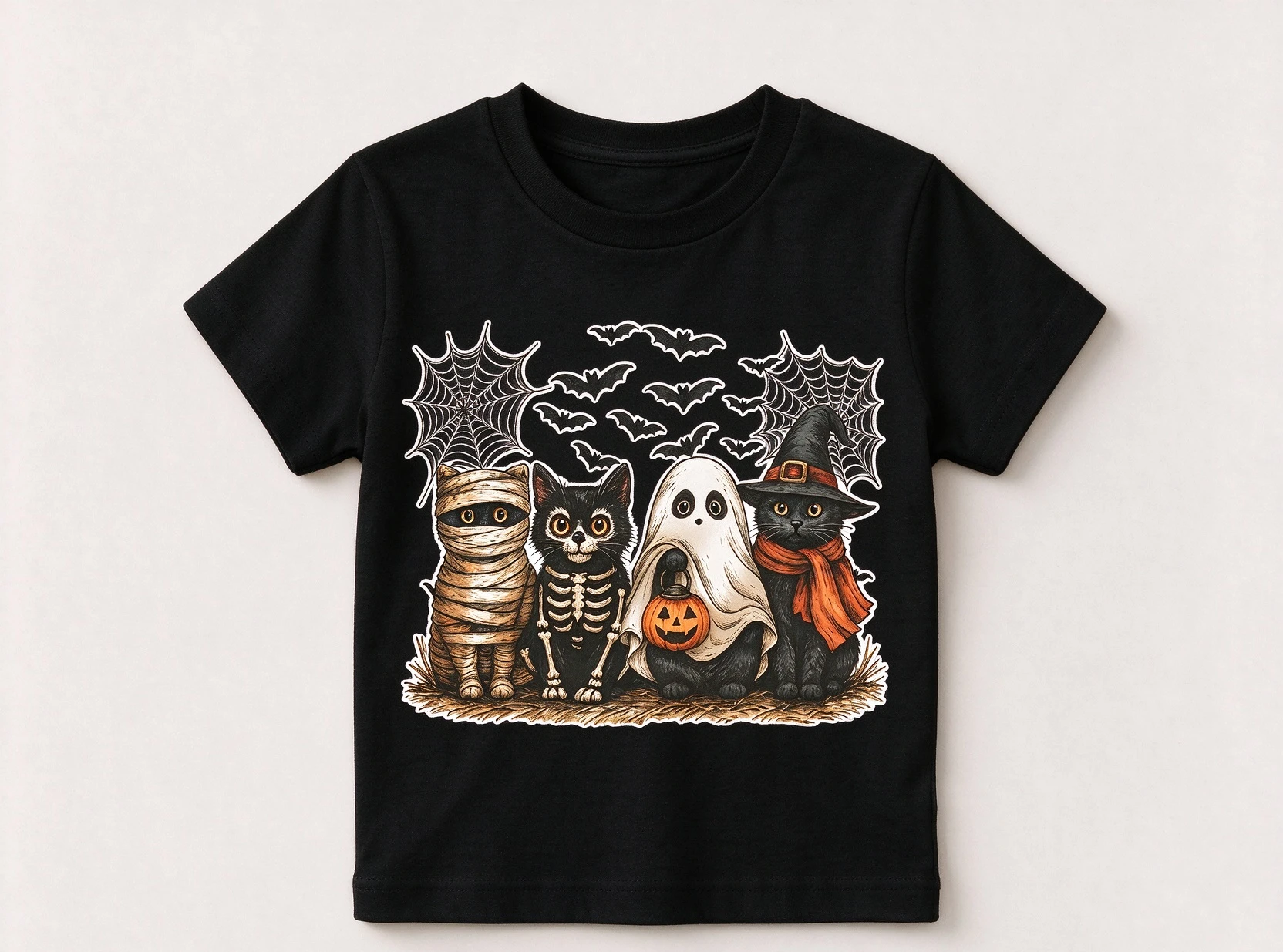 Halloween Kids T-shirt Vintage Four Cats Print Tee Boys Girls Short Sleeve Ghost Pumpkin Casual Holiday Tops
