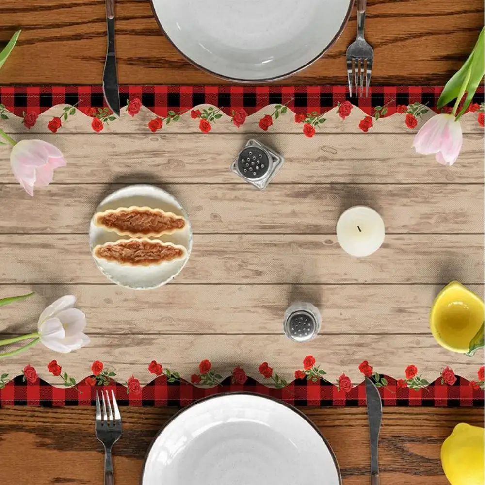 

Valentine's Day heart table flag with wooden pattern printed in red, decorative tablecloth for restaurant, atmosphere setting ta