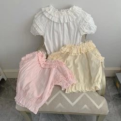 Pink Cotton Lolita Shirt Women Summer Slash Neck Ruffles Kawaii Bottom Blouses Princess Crop Tops Elegant White Student Shirts