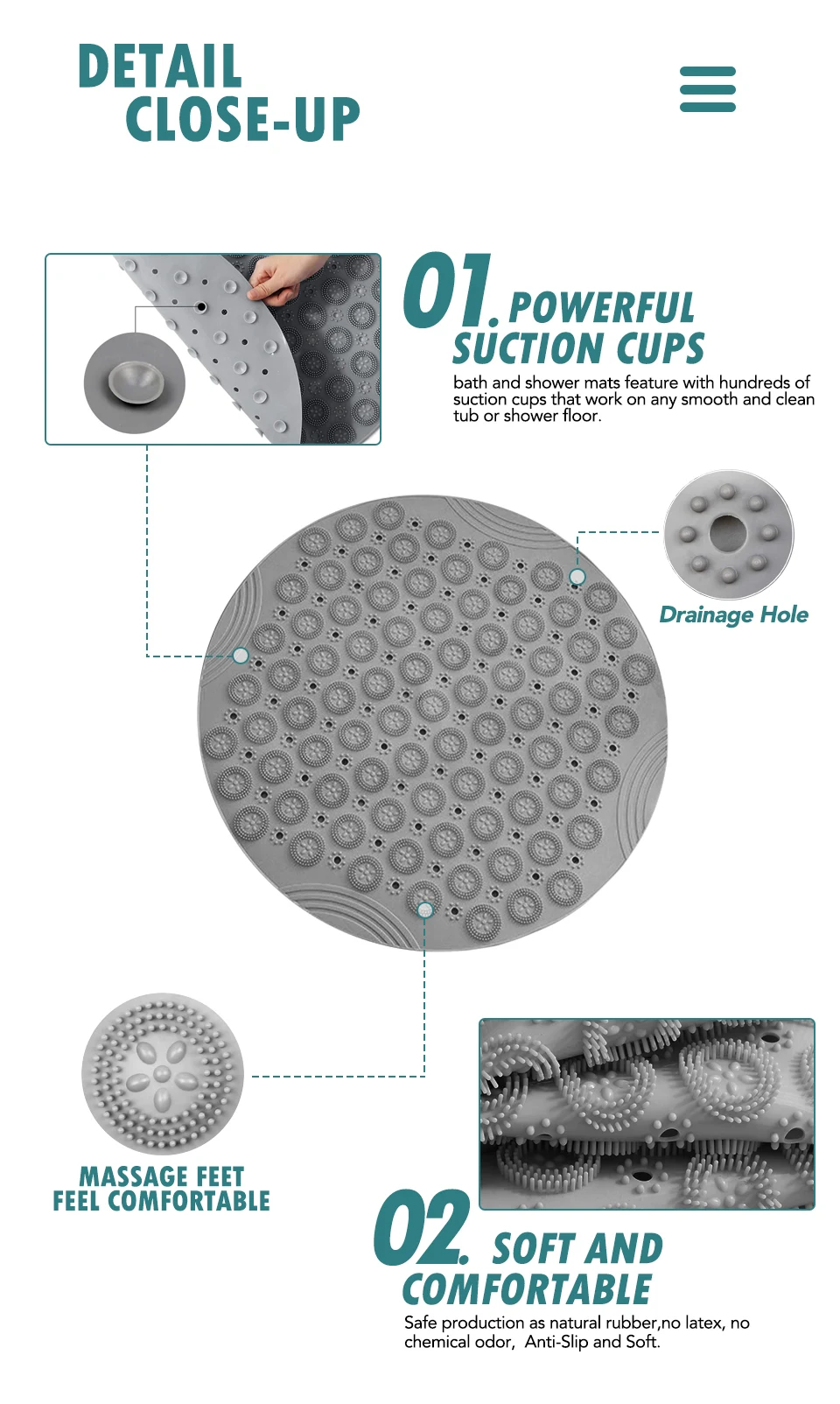 Textured Surface Round Shower Mat, Anti-Slip Bath Mats with Drain Hole, Massage Shower Carpet for Shower Stall, 55x55cm