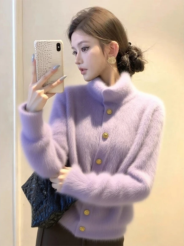 

Элегантный фиолетовый длинный кардиган свободного кроя с высоким воротником для женщин, весенняя новинка, универсальная модель, стройнящий эффект, мягкая и уютная верхняя одежда