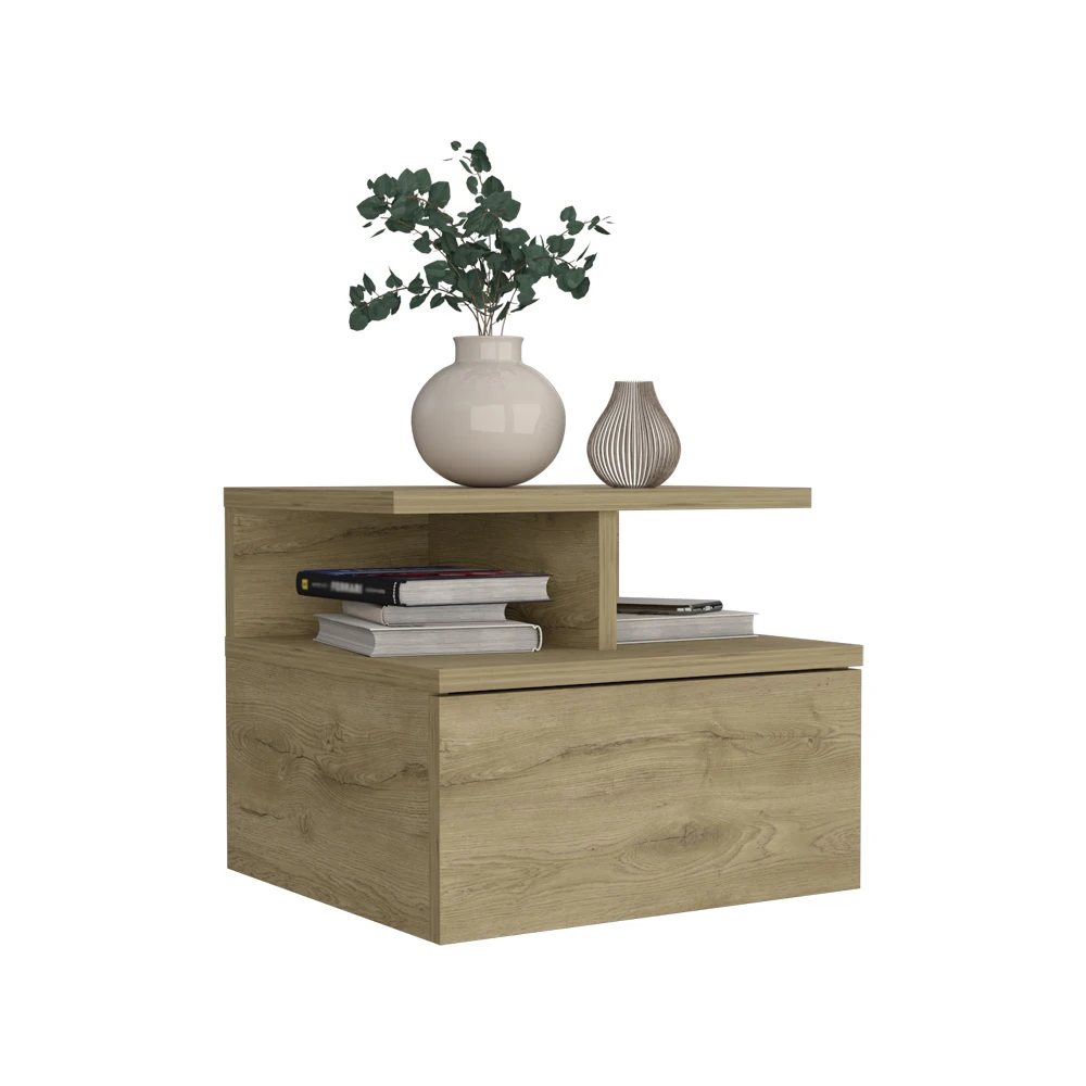 Floating Nightstand 12"H Wall Mounted with Single Drawer and 2-Tier Shelf Macadamia