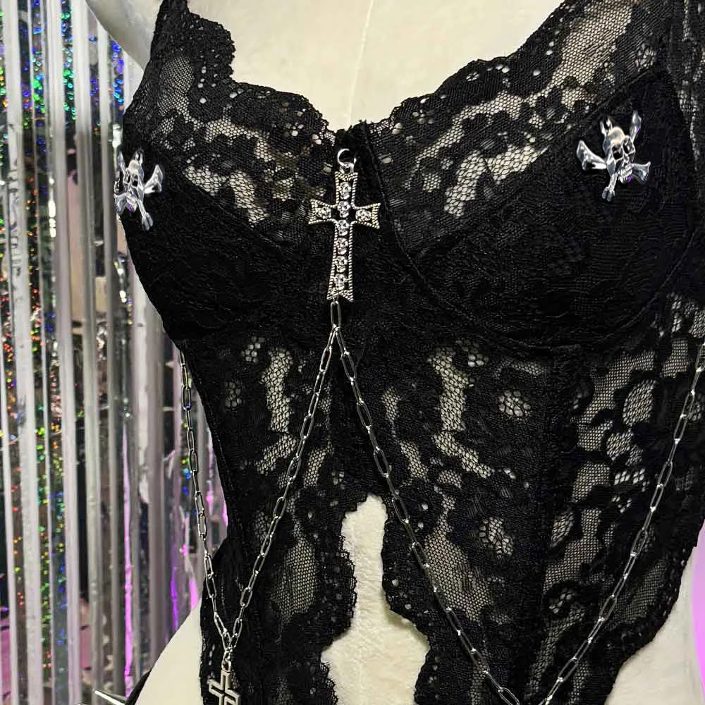 Harajuku الجمجمة القوطي ملابس للنادي ايكو في سن المراهقة خمر Kawaii DIY بها بنفسك يدوية الشرير الصخرة ايمو Y2K القمم الجرونج الصليب E-الفتيات القوطية