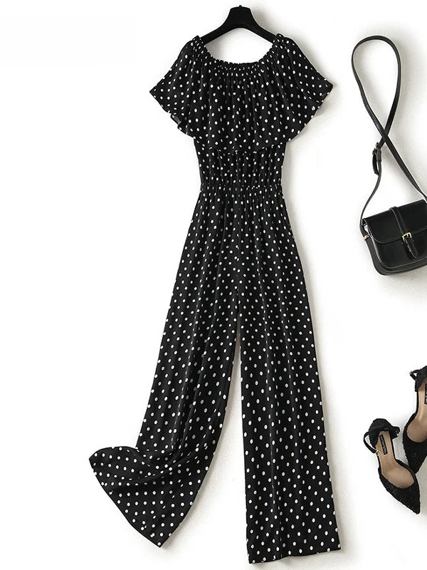 

Женский летний комбинезон с высокой талией и широкими штанинами, в горошек, с эластичным круглым вырезом, блузка-рубашка, стройнящий шифоновый наряд, струящийся, макси-длина