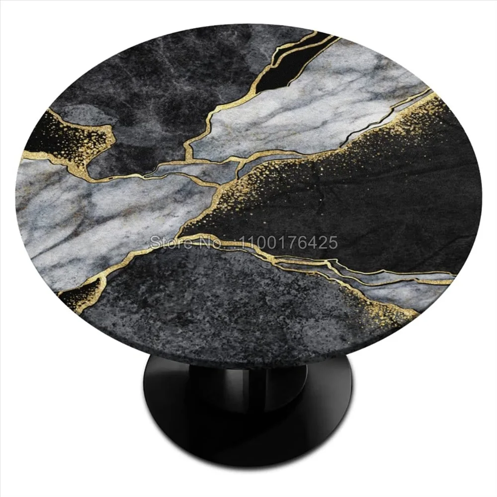 White Gold Marble Round Tablecloth with Elastic Edge Polyester Waterproof Fitted Table Covers for Indoor Party Kitchen Decor