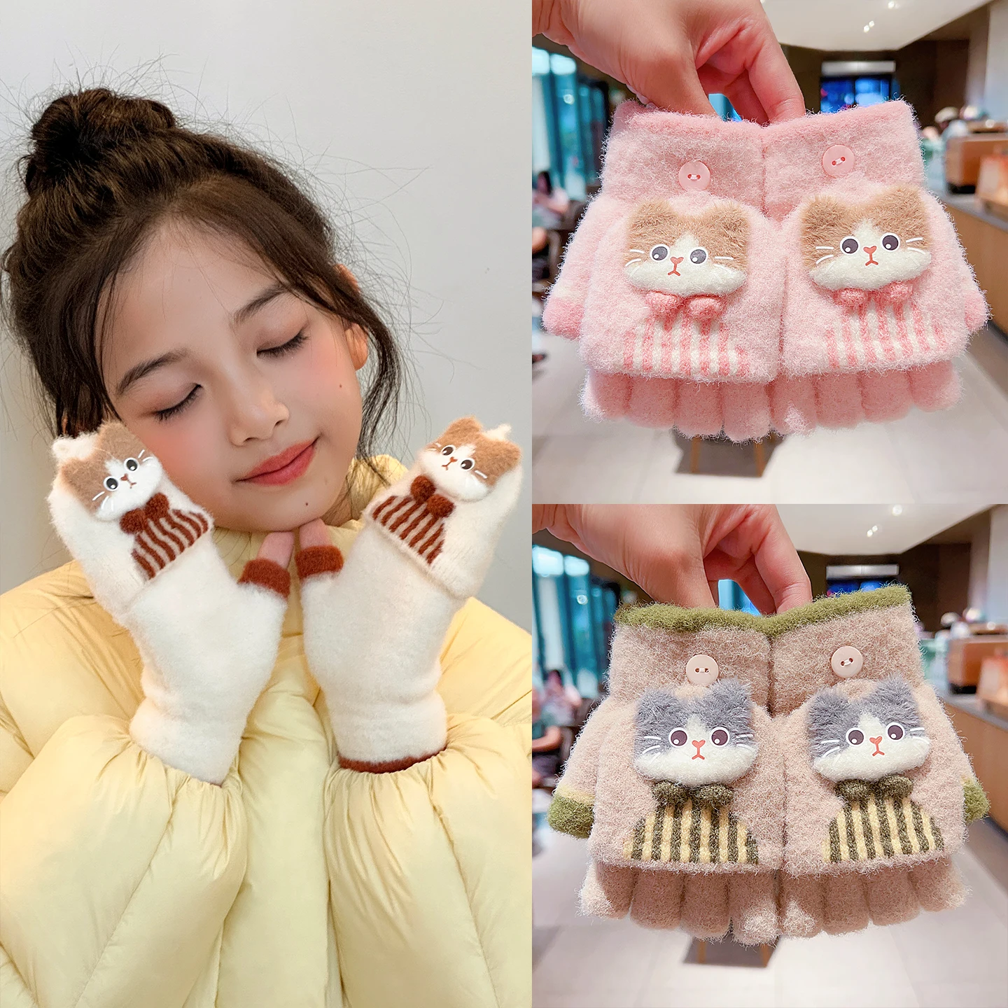 Koreanische niedliche Kinder-Plüsch-Handschuhe mit Cartoon-Katzenmuster und Schleife, 6-12 Jahre, warme Winter-Wickelhandschuhe mit halben Fingern zum Schreiben – Detail 2