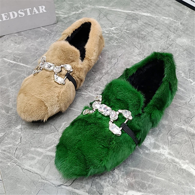 Green Women Winter Warm Flats Real Mink Fur Slip-on Loafers Casual Espadrilles Female Walking Shoes Crystal Platform Moccasins