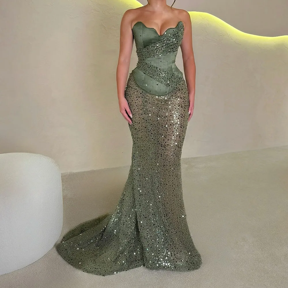 

Customized Mermaid Evening Dresses Floor-length Strapless Sleeveless Prom Gown Fashion Sequined Draped Backless Party Gown