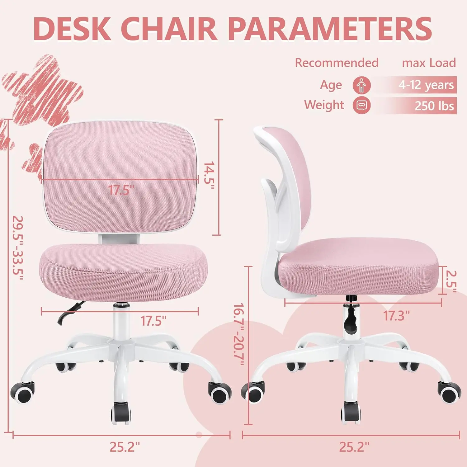 

Kids Desk Chair, Pink Study Chair for Boys Girls, Swivel Mesh Task Student Chairs for 4-12, Growing Teen Office Chair