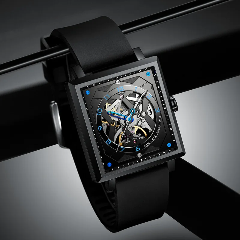 SOLLEN Orologio meccanico quadrato alla moda di marca per uomo cinturino in caucciù impermeabile orologi scheletrati automatici con zaffiro di fascia alta da uomo