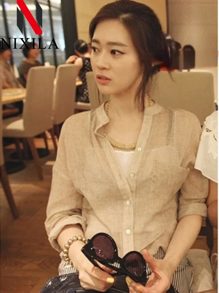 ฤดูร้อนผู้หญิงเสื้อแขนยาวลําลองผ้าฝ้ายผ้าลินินเสื้อขนาดใหญ่เสื้อ Basic หญิงเสื้อผ้า