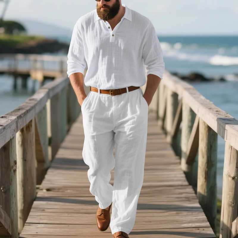Sommer Herren Leinen 2-Teiliges Set Langarm Poloshirt Hose Einfarbig Lässig Atmungsaktiv Leicht Pendler-Outfit – Detail 6
