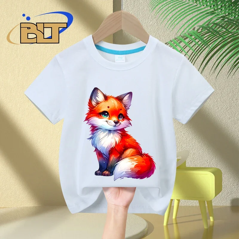 T-shirt de manga curta com estampa fofa raposa para crianças, algodão, aquarela, casual, para meninos e meninas