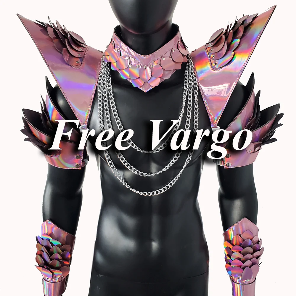 Burning Man Holographic Laser Pink Dragon Scale Armor,Festival Choker Cape with Chain,Rave Shoulder Pads Carnival Outfit Costume