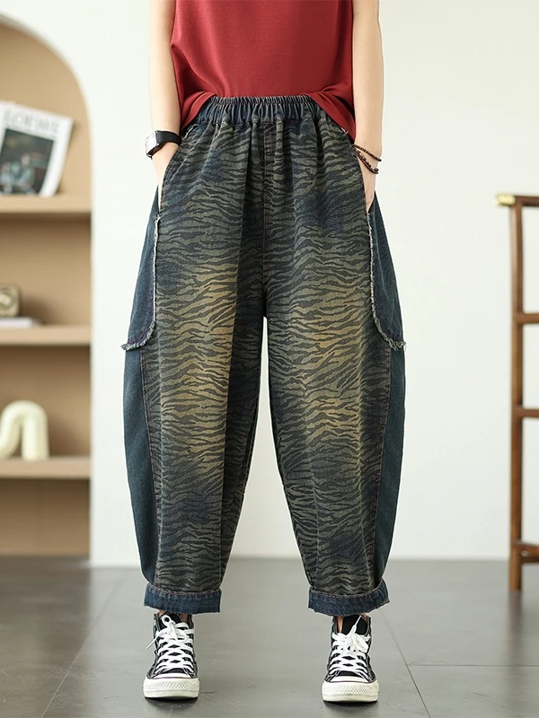 Damskie spodnie typu harlan z wysokim stanem i szerokimi nogawkami, na wiosnę 2025, nowe, z nadrukiem, łączone, dżinsowe, wyszczuplające.