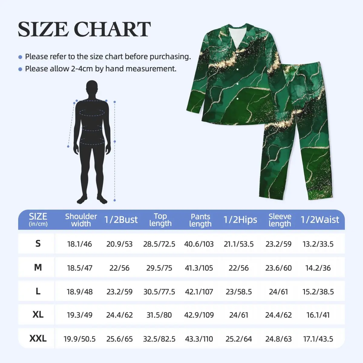 Ensemble pyjama en marbre vert et or, vêtements de nuit doux pour hommes, manches longues, Vintage, chambre à coucher, 2 pièces, grande taille 2XL
