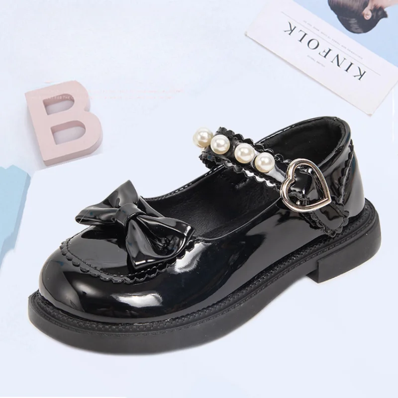 Kids Leather Shoe Non-slip Elegant Girl Princess Shoes Chic Bowtie Black School Mary Jane Shoes Fashion Children\'s Flats Soft