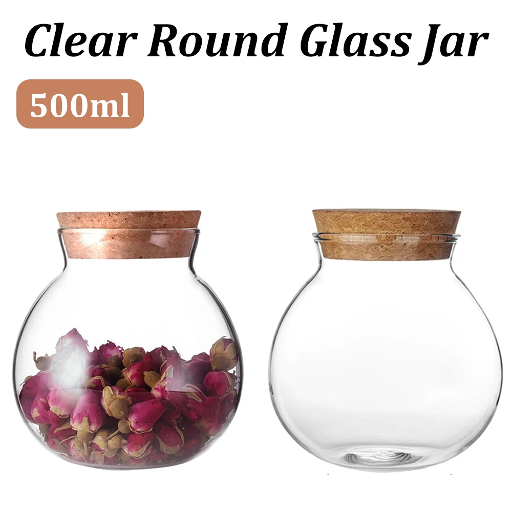 500ml Empty Round Glass Jar with Cork Stopper Clear Storage Canister Eco Bottle Small Ball Moss DIY Canister Home Decoration