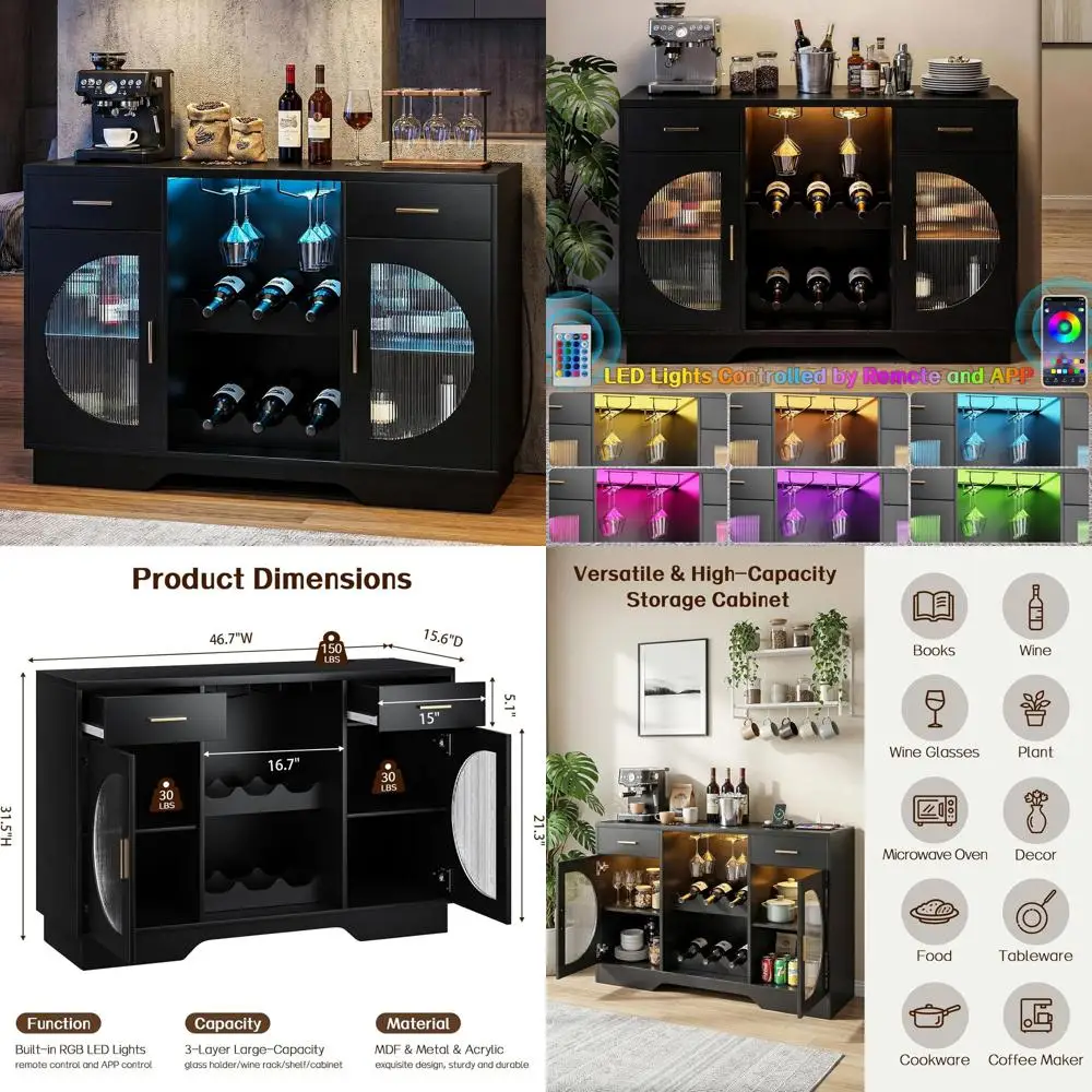 

LED-Illuminated Wine Bar Cabinet with Glass Holder, Charging Station, Black