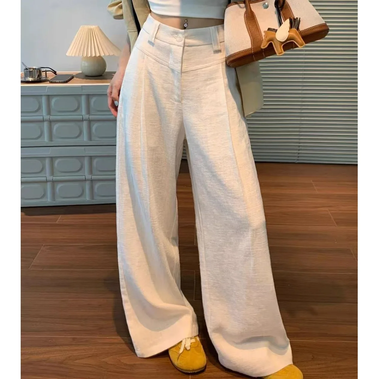 

2026 New Summer Women's Old Money Style White Wide Leg Pants Thin Lazy High Waist Draped Comfy Casual Long Trousers Bottoms