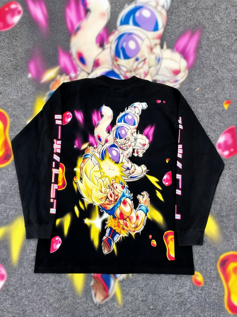 

2026 Autumn Winter Dragon Ball Z Pure Cotton Retro Long Sleeve Oversized Fleece Super Saiyan Goku Vs Frieza Battle Print Unisex