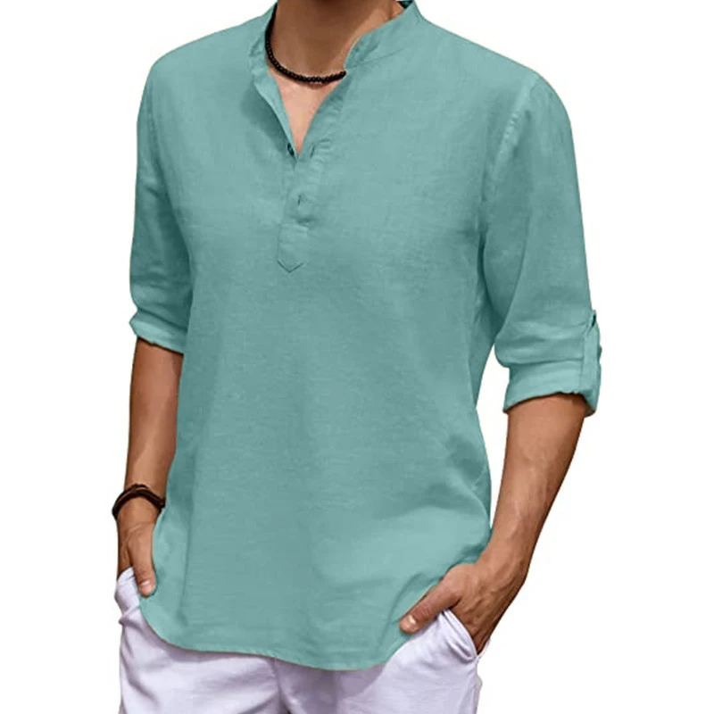 New Men\'s Linen Long Sleeve V-neck T Shirt Solid Color Oversize Casual Shirt Cotton Shirt Plus Size Yoga Button Shirts for Men