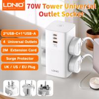 LDNIO 7 in 1 2500W Tower Extension Power Socket 70W Charging Station USB Power Strip 2 Outlets 2 USB-C USB-A Port Extension Cord